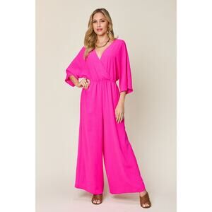 DOUBLE TAKE Medium Pink Surplice Wide Leg Jumpsuit with Pockets NEW
